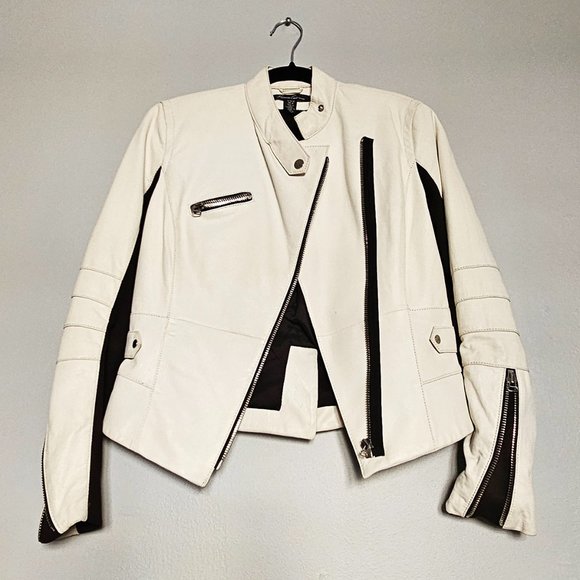 Kenneth Cole White Leather Moto Jacket, Size 2 - Picture 1 of 13